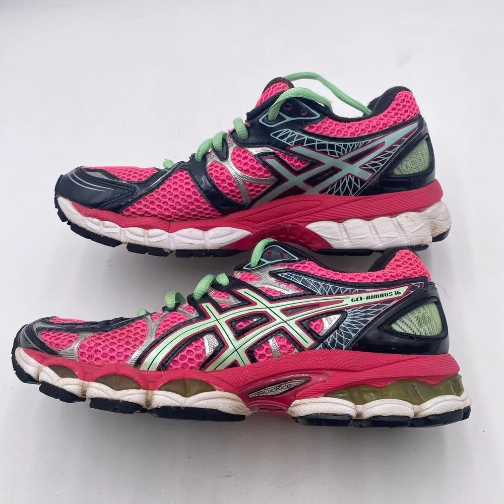 ASICS Gel-Nimbus 16 Running Shoes Womens 6.5 Pink Black Mint T485N GEL Cushioned